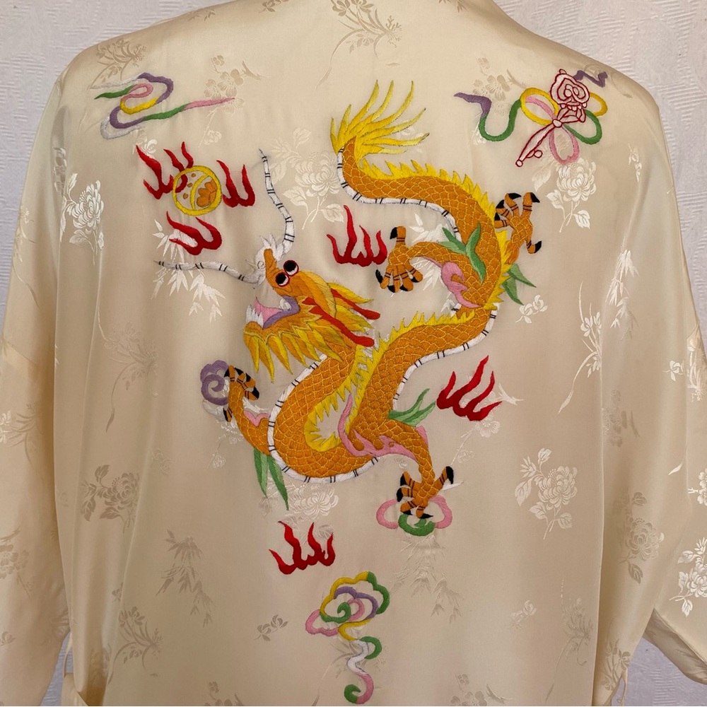 NWT silk ivory hand embroidered golden dragon  kimono robe